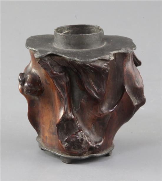 A Chinese rootwood and pewter mounted tea caddy, 19th century, height 8.5cm